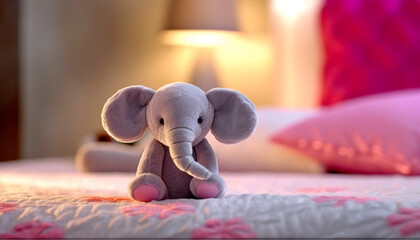 Cute small elephant toy on a comfortable bed in bedroom generated by AI