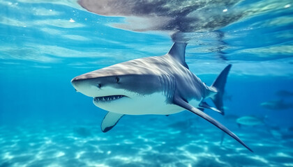 Naklejka premium Majestic underwater nature, fish swim in blue sea, danger lurks generated by AI