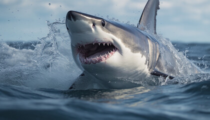 Majestic dolphin jumps, splashing, showing teeth in underwater adventure generated by AI