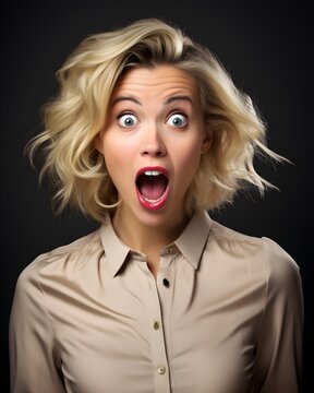 Studio portrait of blonde woman looking overly excited and surprised