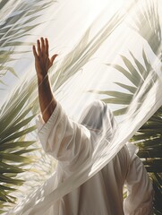 lifting palm branches to heaven backside of person to praise Jesus with white linen blowing in sun - generative ai