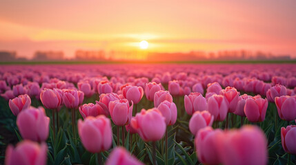 Enchanting view of a tulip field under the soft light of the setting sun