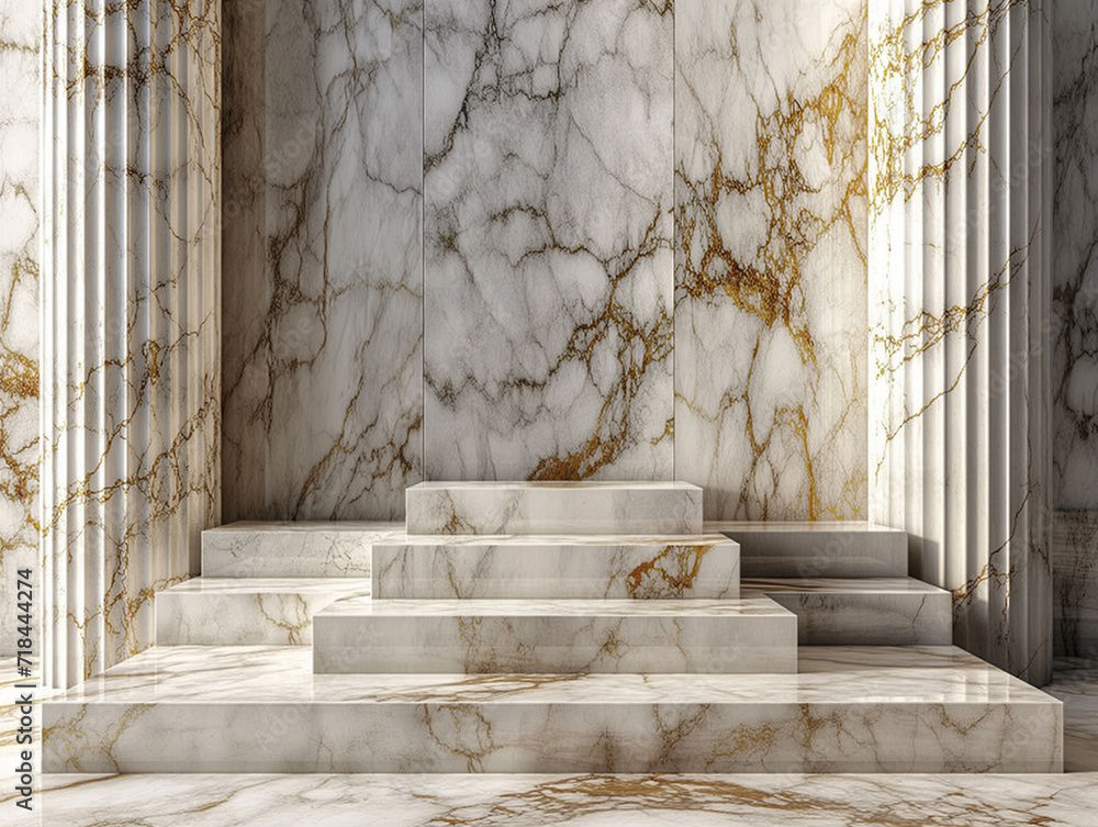 Poster 3d empty product display stage. sunlit marble staircase and columns with striking golden veins, conv