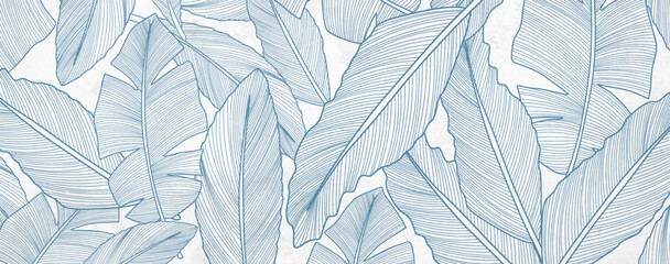 Light art background with a pattern of tropical leaves in line style. Hand drawn vector banner for textile design, poster, print, decor, wallpaper, packaging, interior design. - 718444208