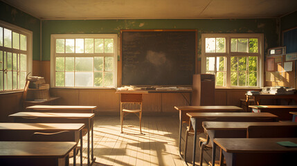 Serene View of an Empty, Sunlit Classroom Awaiting Activity