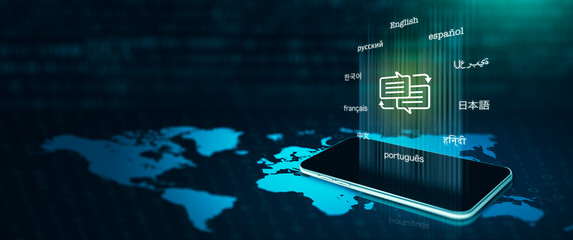 Smartphone with translation symbol, bubble with arrow, and text of top ten internet user languages. Online translator, translator app, language course and e-learning concept. 3D illustration.
