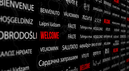 Welcome in different language with world map background. Depth of field image. Words cloud concept.