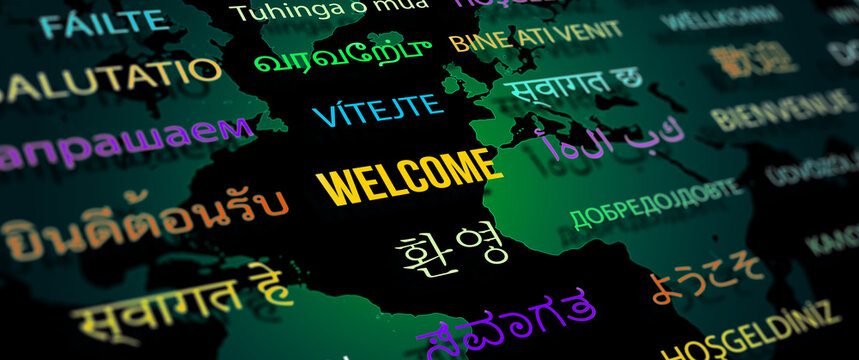 Welcome in different language with world map background. Depth of field image. Words cloud concept.