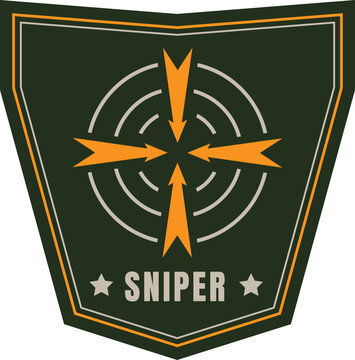 Military sniper patch emblem with crosshair and star on shield design. Army and sharpshooter badge logo vector illustration.