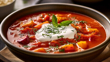 Freshness and healthy eating in a homemade vegetarian soup meal generated by AI