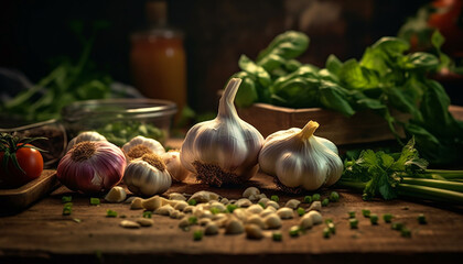 Fresh organic garlic, a healthy vegetarian ingredient for gourmet cooking generated by AI