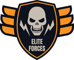 Skull with wings emblem for military or esports team. Shield, wings, skull, lightning, Elite Forces badge. Aggressive mascot design vector illustration.