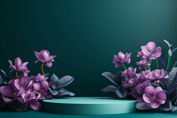 Podium stand showcase and brigth purple flowers on dark teal background. 