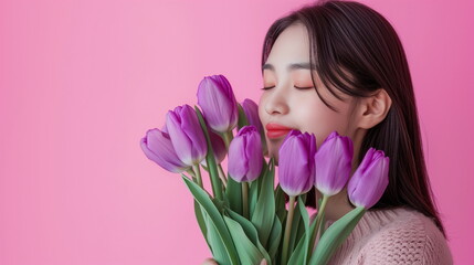 Lovely young Asian female model holding a bouquet of purple tulips. A studio-shot photograph against a baby pink background. Close up. Left copy space. Generative AI