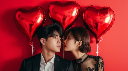 A lovely young Asian couple smiling brightly among red heart-shaped balloons. A studio-shot photograph against a red background. Concept of Valentine's Day, White Day, Propose, love. Generative AI
