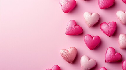 Arrangement of heart-shaped candies and chocolates on a pink background. Concept of Valentine's Day, White Day. Top view. Left copy space. Close up. Generative AI