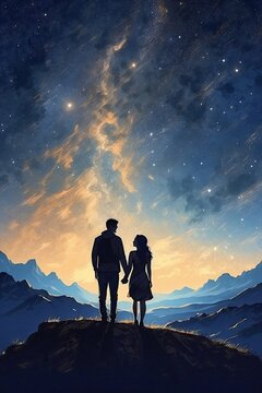 AI-Generated Illustration: Silhouette of a Couple under a Starry Sky - Celestial Romance