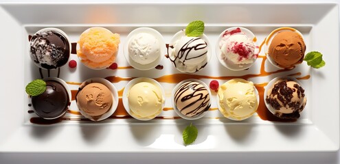 Rows of sweet and creamy ice cream with various flavors, colors in the photo on a white background. generative AI