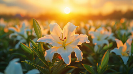 Peaceful view of a field of white lilies under the golden hues of a sunset