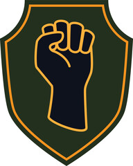 Raised clenched fist on shield background symbolizes strength and resistance. Power, protest, and solidarity sign. Strength and unity concept vector illustration.