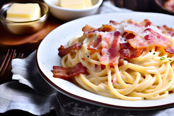 Fototapeta premium Delicious Carbonara: Bacon-enriched pasta, an attractive combination on a plate generative ai