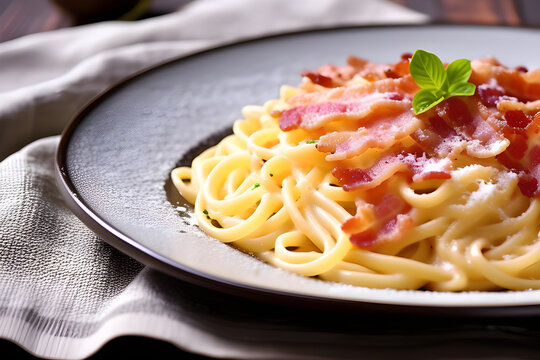 Delicious Carbonara: Bacon-enriched pasta, an attractive combination on a plate generative ai