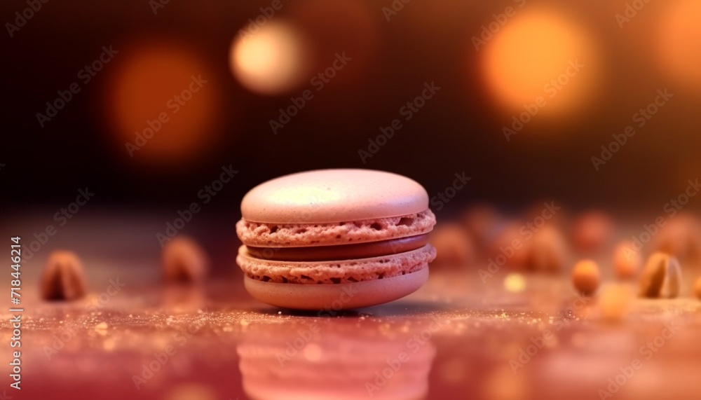 Poster a stack of colorful macarons on a wooden table generated by ai