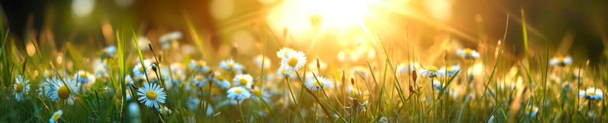 Beautiful summer natural background with yellow white flowers daisies clovers and dandelions in grass against of dawn morning.  - obrazy, fototapety, plakaty