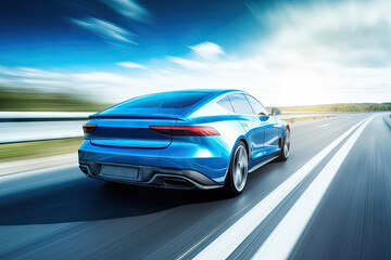 Rear view of blue Business car on high speed in turn. Blue car rushing along a high-speed highway