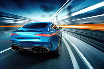 Rear view of blue Business car on high speed in turn. Blue car rushing along a high-speed highway