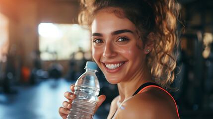 joyful exhausting beautiful fitness girl model in gym holding a bottle of water  - Powered by Adobe