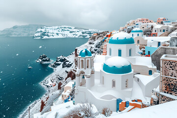Winter Wonderland in Santorini , Snow-Covered Whitewashed Buildings Against Azure Sea - obrazy, fototapety, plakaty