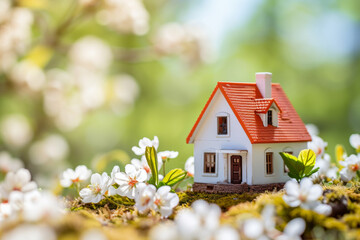 Mini toy house and cherry flowers. house on spring nature background. 