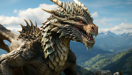 Obraz premium Majestic dragon sculpture roams old forest, evoking fear and imagination generated by AI