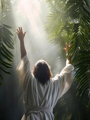 Fototapeta na wymiar lifting palm branches to heaven backside of person to praise Jesus with white linen blowing in sun - generative ai