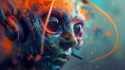 Vibrant alien cyberpunk dj avatar character with headphones for dance promotion