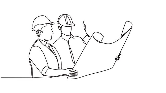 Continuous one line animation. Hand drawn animated motion graphic element of several construction workers wearing helmets at a meeting and discussing. real estate concept, construction. 4k videos