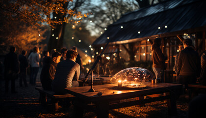 A group of people sitting outdoors, enjoying a winter celebration generated by AI