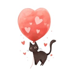 Fototapeta premium Black cartoon cat holding red heart shaped air balloon isolated on white background. Cute animal character. Sweet kitten in love. Valentine's Day greeting card, banner or poster