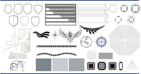 サイバーパンク・デジタル・テクノロジーの線画デザインセット