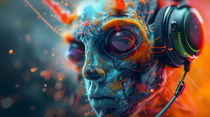 Vibrant cyberpunk dj avatar with headphones for futuristic dance club poster art and advertising