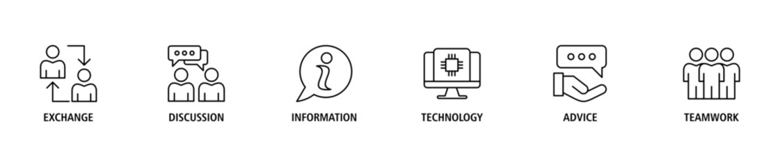 Communication banner web icon set vector illustration concept with icon of exchange, discussion, information, technology, advice, and teamwork