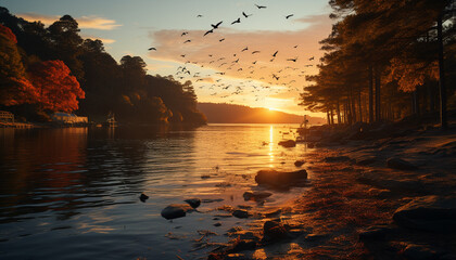 Sunset over the tranquil water, reflecting the beauty of nature generated by AI