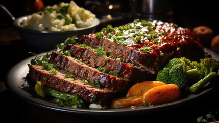 delicious meatloaf with vegetable topping, black and blurred background