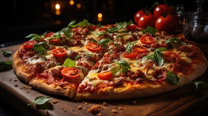 full pizza with vegetables and meat on wooden table with blur background - obrazy, fototapety, plakaty