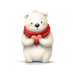 Cute polar bear wearing red scarf holding heart isolated on white background. Love and romantic. Valentine’s day concept. Funny cartoon character for card, banner, poster, sticker