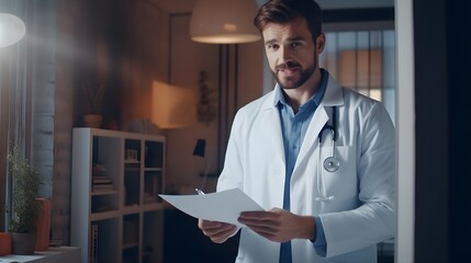 A professional physician in a white medical uniform talks to discuss results or symptoms and gives a recommendation to a male patient and signs a medical paper at an appointment visit in the clinic - obrazy, fototapety, plakaty