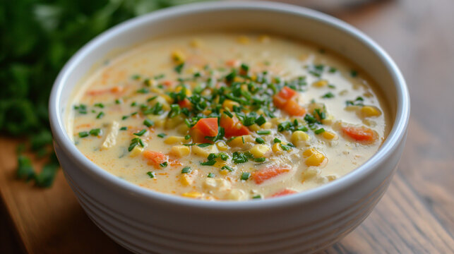 corn chowder soup in white bowl