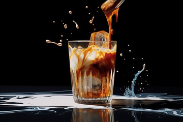 A glass of tea or coffee filled with ice cubes in the photo in front of a black background