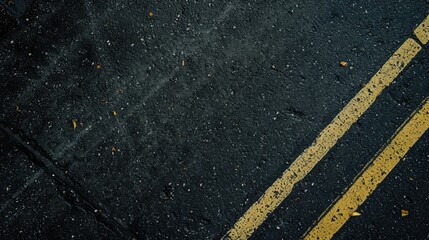 Image of dark asphalt road with yellow line from top view. Ffull frame textured background of black asphalt. Detail of yellow line on black asphalt painted. - obrazy, fototapety, plakaty